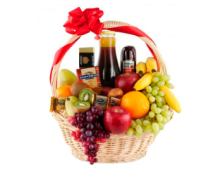 Basket of fruits and gourmet food